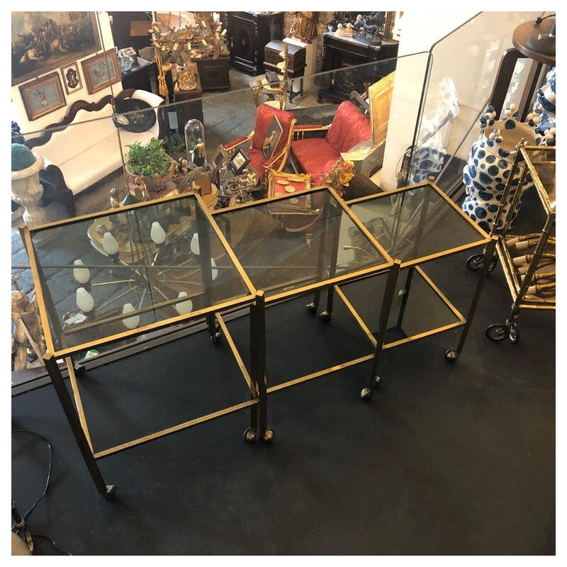 Set of 3 vintage brass and smoked glass nesting tables, 1960