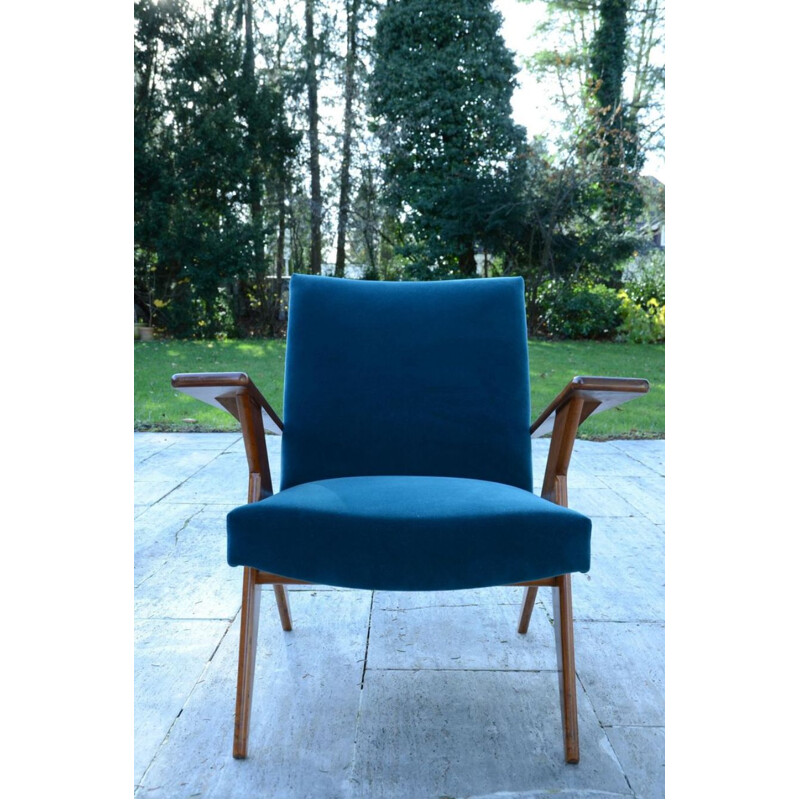 Vintage wood and blue velvet armchair by José Zanine Caldas, 1950s