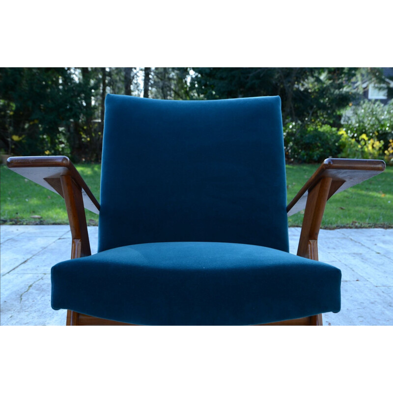 Vintage wood and blue velvet armchair by José Zanine Caldas, 1950s