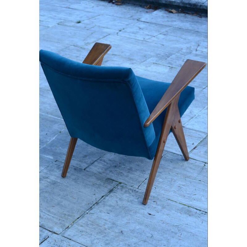 Vintage wood and blue velvet armchair by José Zanine Caldas, 1950s
