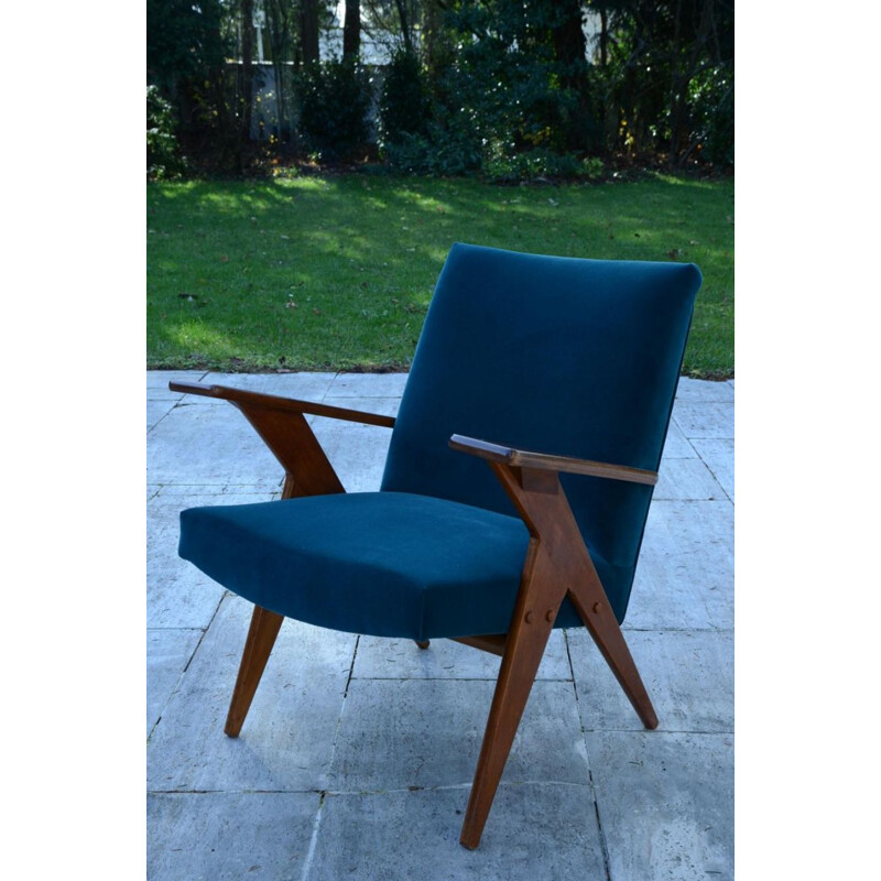 Vintage wood and blue velvet armchair by José Zanine Caldas, 1950s