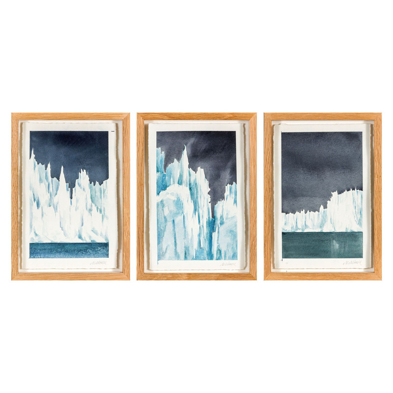 Suite de trois aquarelles vintage "iceberg", Suède, 1950