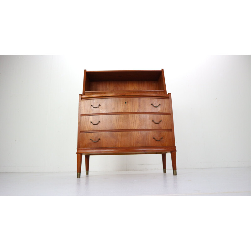 Vintage teak wood and brass secretary, 1960s