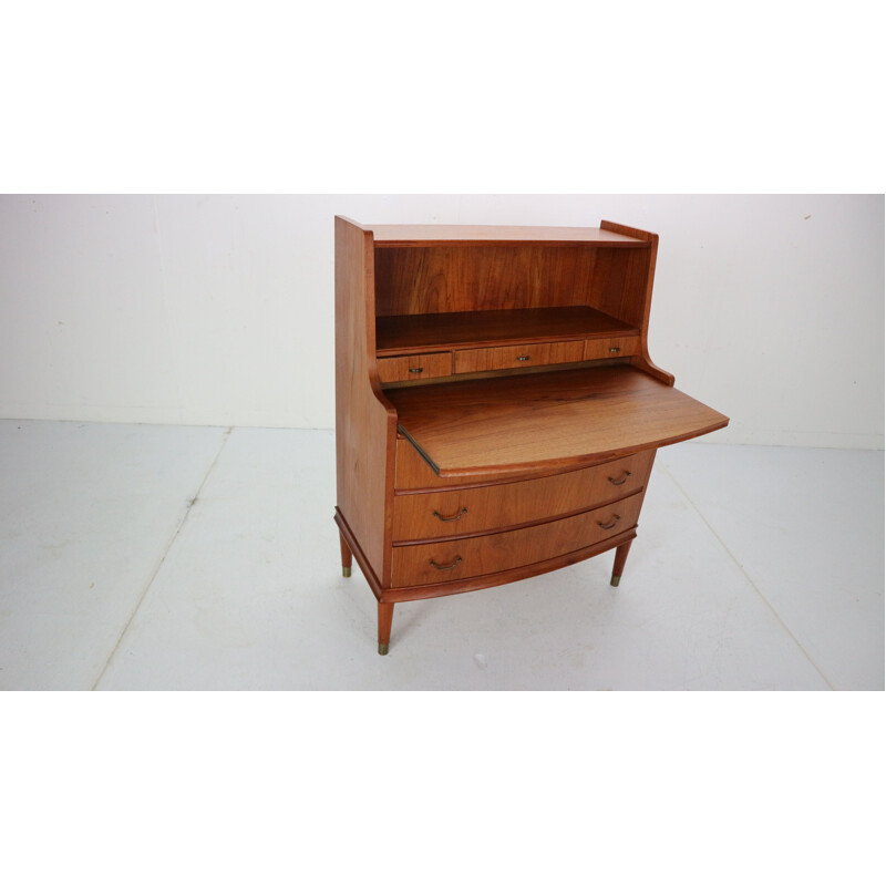 Vintage teak wood and brass secretary, 1960s