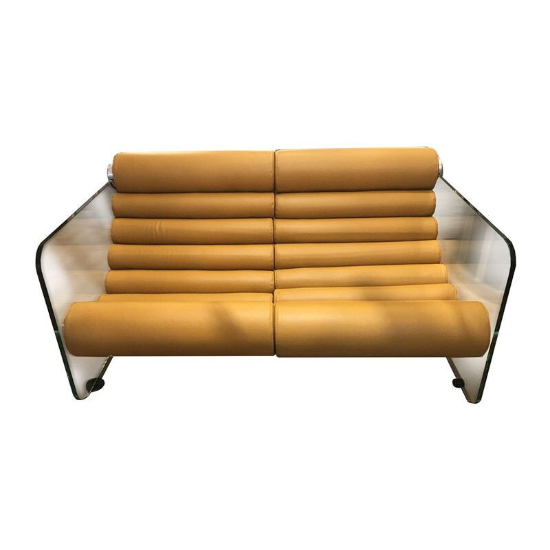 Hyaline leather sofa vintage leather tawny glass by Fabio Lenci Circa 1969