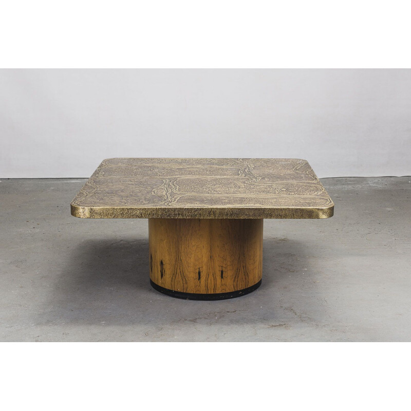 Square Vintage brutalist rosewood & etched brass coffee table by Heinz Lilienthal 1960