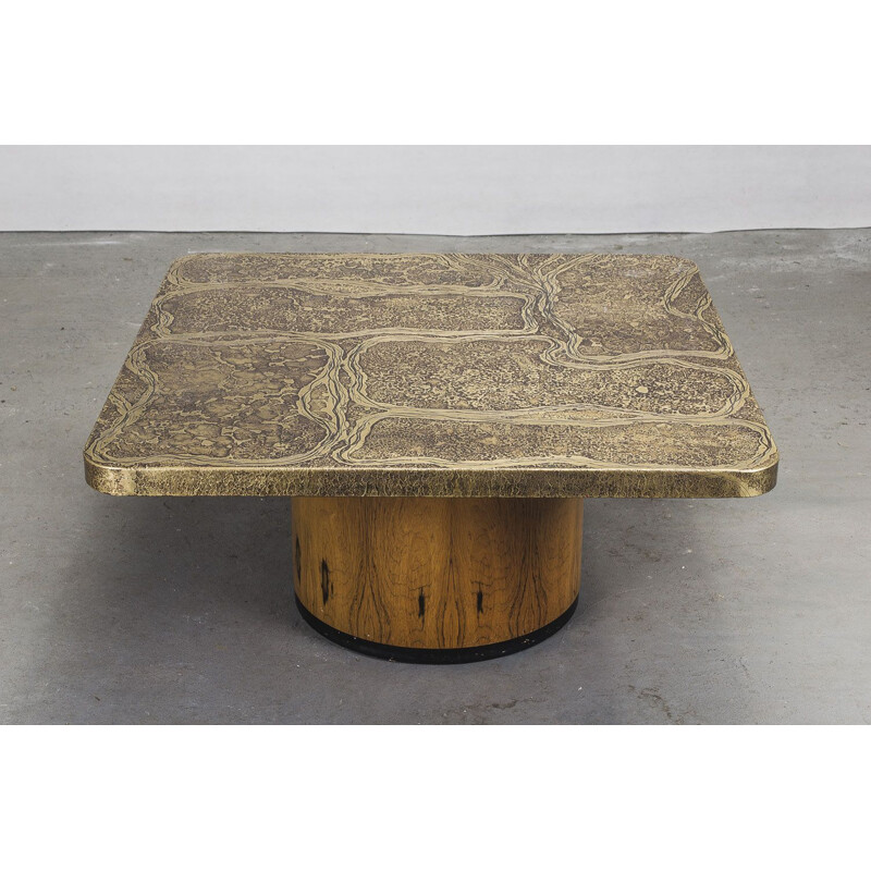 Square Vintage brutalist rosewood & etched brass coffee table by Heinz Lilienthal 1960