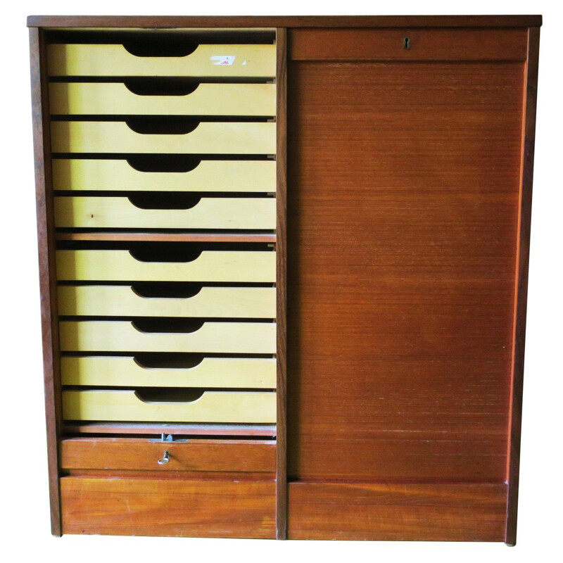 Vintage teak tambour filing cabinet, 1960s