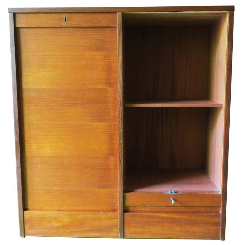 Vintage teak tambour filing cabinet, 1960s