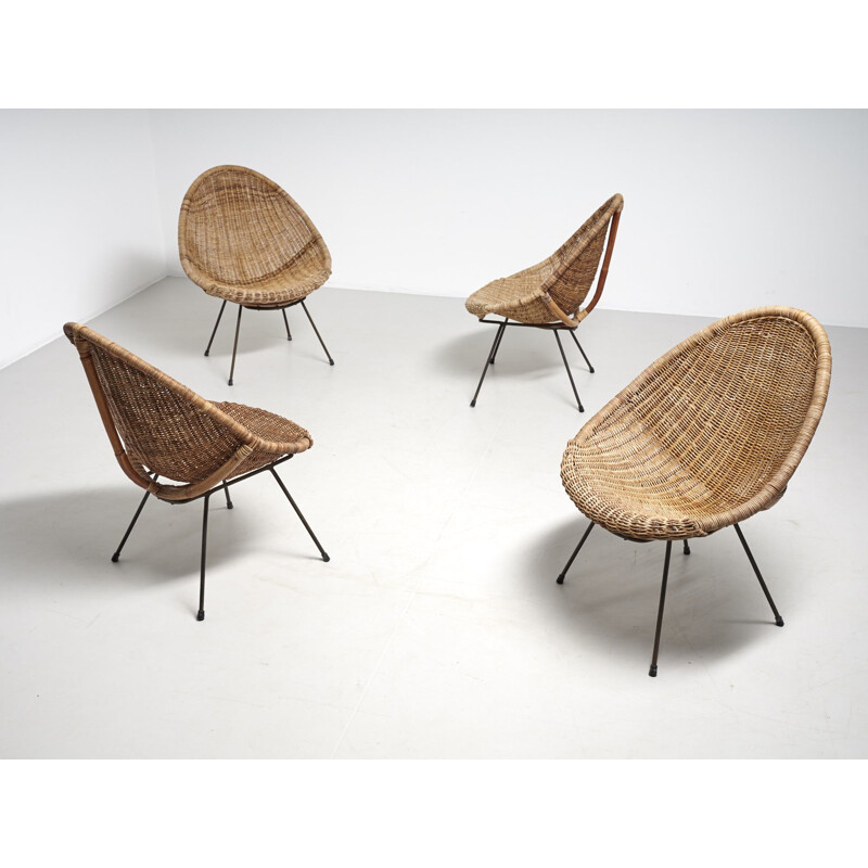 Set of 4 vintage italian rattan chairs on black steel legs, 1950s