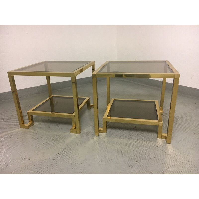 Set of 2 vintage brass and tinted glass side tables by Guy Lefèvre for Maison Jansen, 1970s