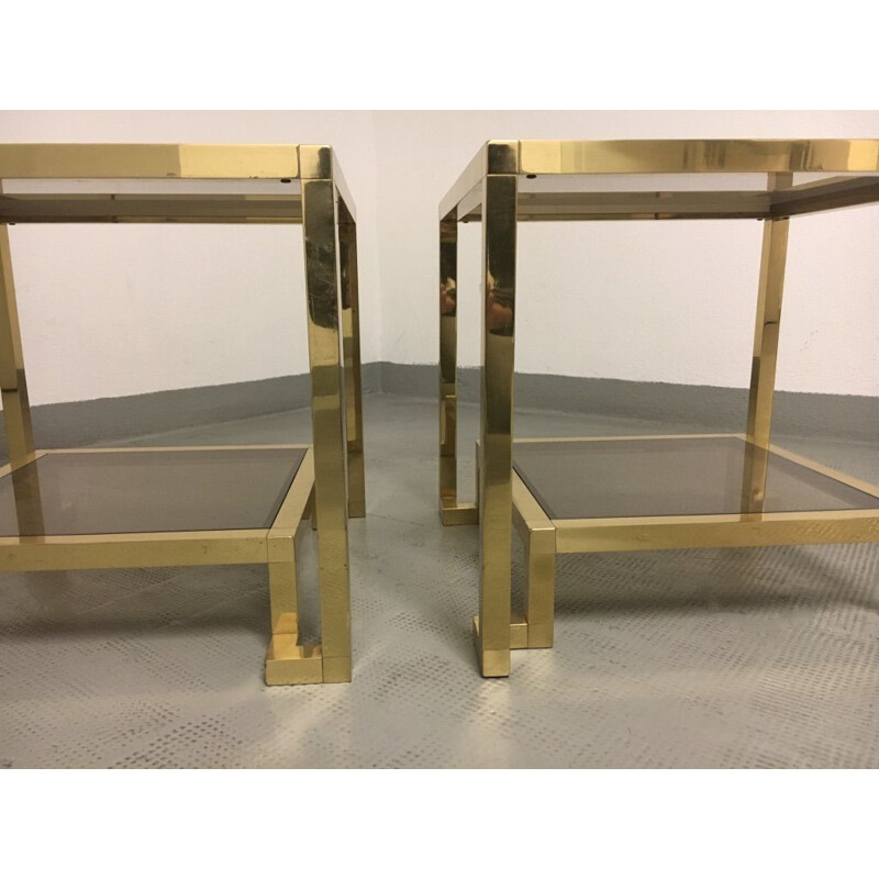 Set of 2 vintage brass and tinted glass side tables by Guy Lefèvre for Maison Jansen, 1970s