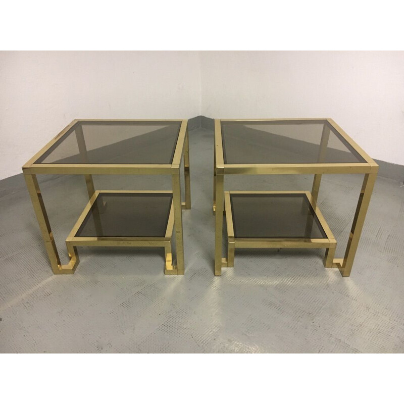 Set of 2 vintage brass and tinted glass side tables by Guy Lefèvre for Maison Jansen, 1970s