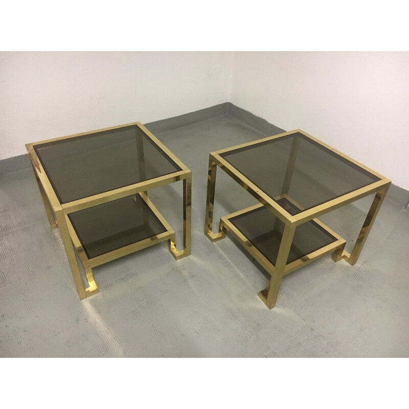 Set of 2 vintage brass and tinted glass side tables by Guy Lefèvre for Maison Jansen, 1970s