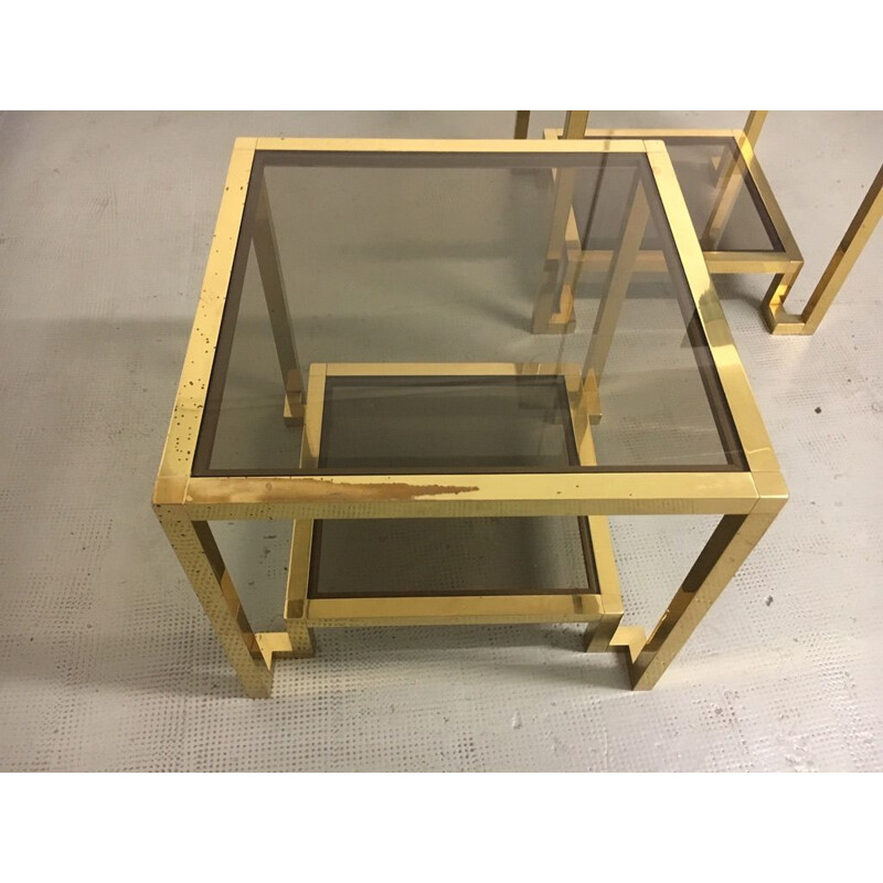 Set of 2 vintage brass and tinted glass side tables by Guy Lefèvre for Maison Jansen, 1970s