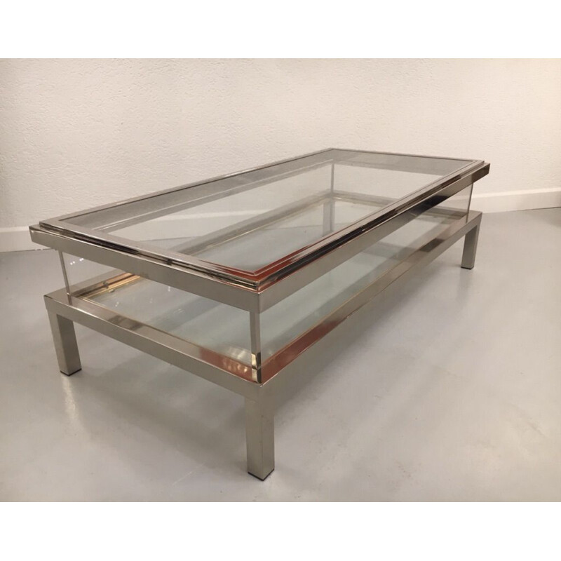 Table basse vintage en verre, chrome et laiton par Maison Jansen, 1970