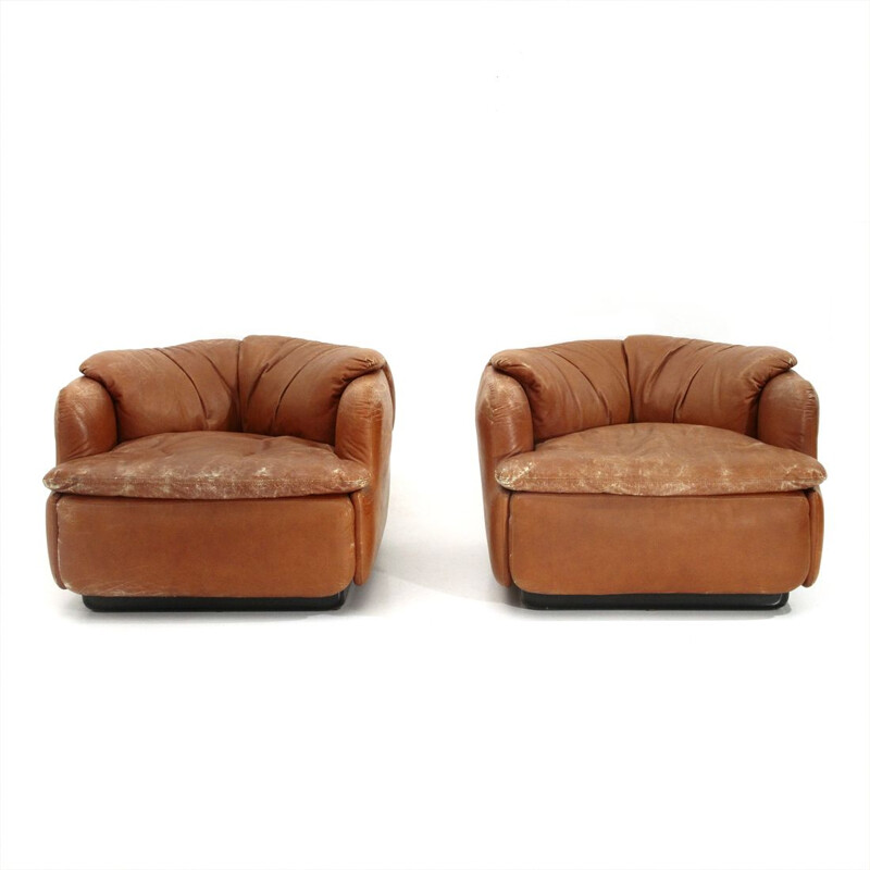Ensemble de 2 fauteuils vintage en cuir "Confidentiel" d'Alberto Rosselli pour Saporiti, 1970