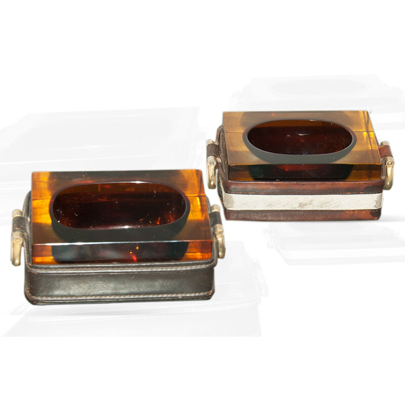 Pair of vintage thick glass and leather ashtrays, 1970