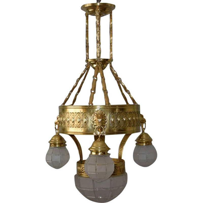 Vintage brass and glass chandelier, 1910s