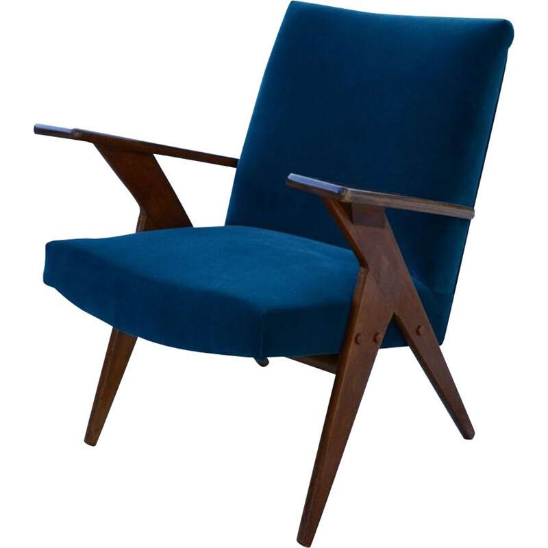 Fauteuil vintage en bois et velours bleu par José Zanine Caldas, 1950