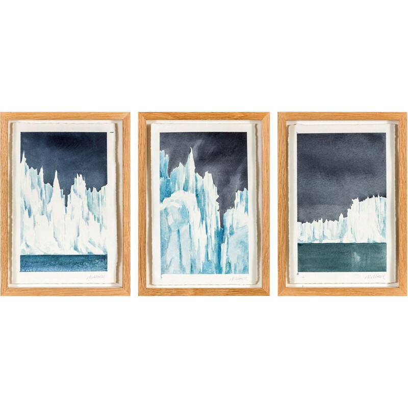 Set of 3 vintage watercolours "iceberg", Sweden, 1950s
