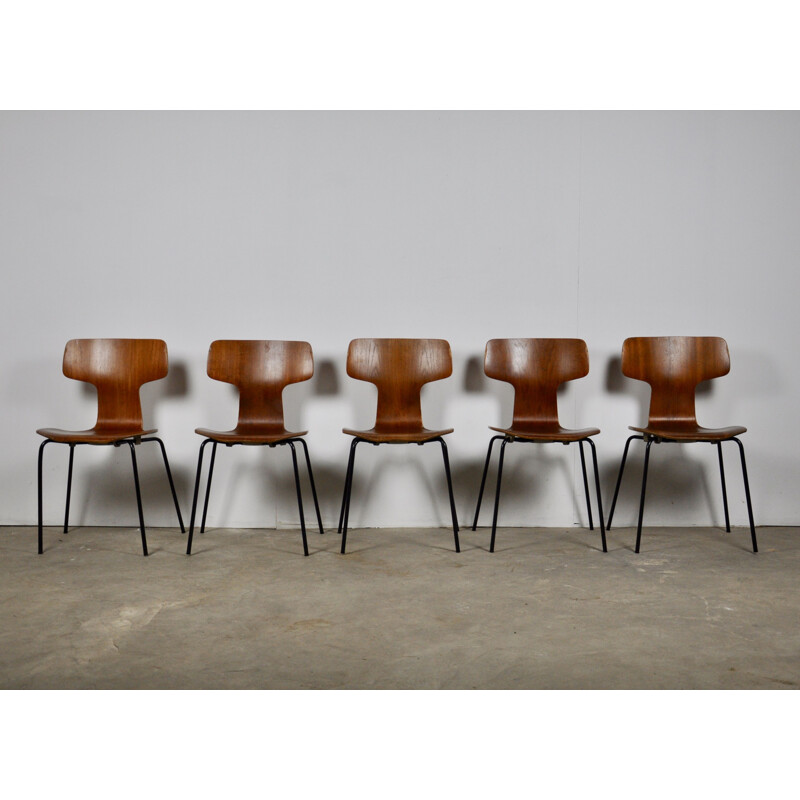 Set of 5 vintage T Chairs or Hammer Chairs by Arne Jacobsen for Fritz Hansen, 1960