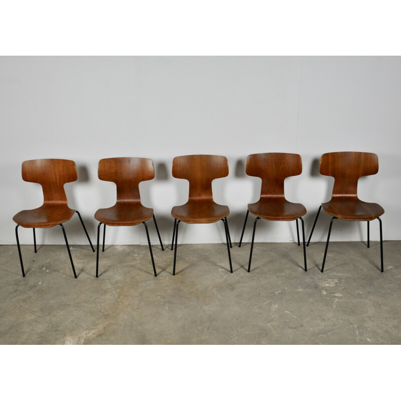 Set of 5 vintage T Chairs or Hammer Chairs by Arne Jacobsen for Fritz Hansen, 1960