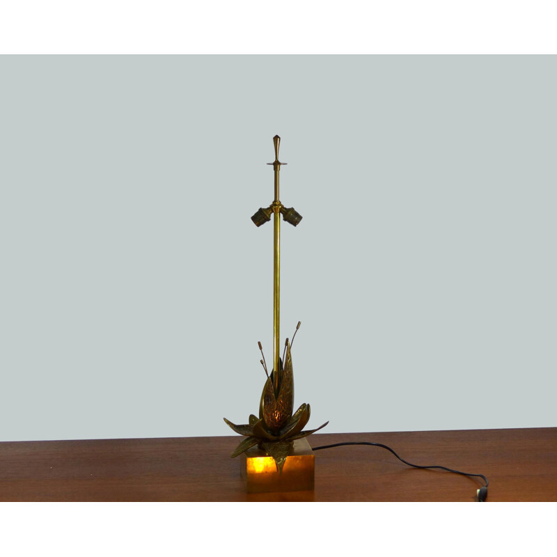 Vintage table lamp exotic flower in solid brass circa 1970