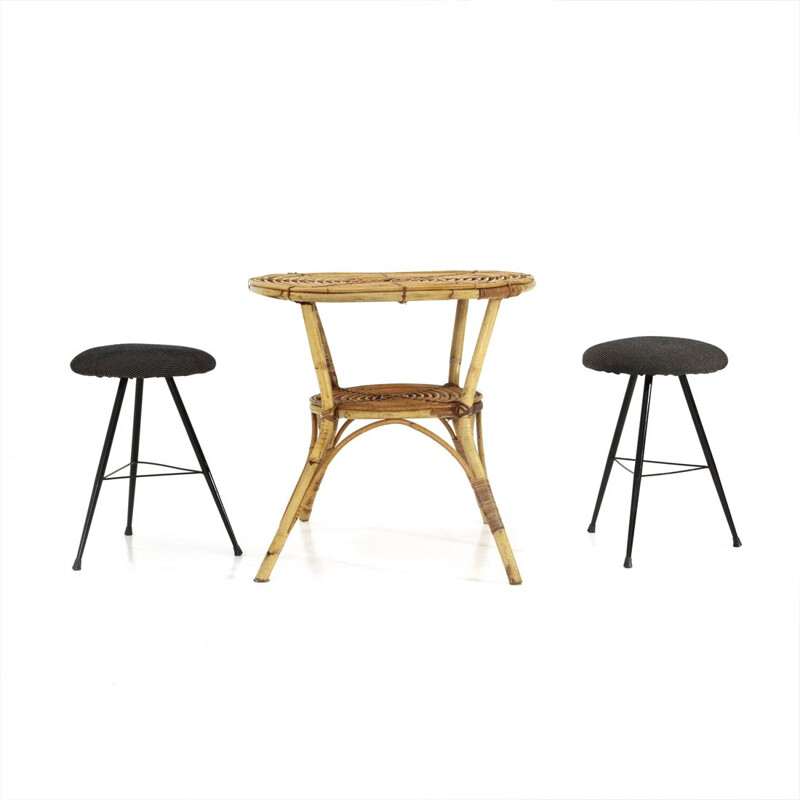 Table basse ronde vintage en rotin, 1960