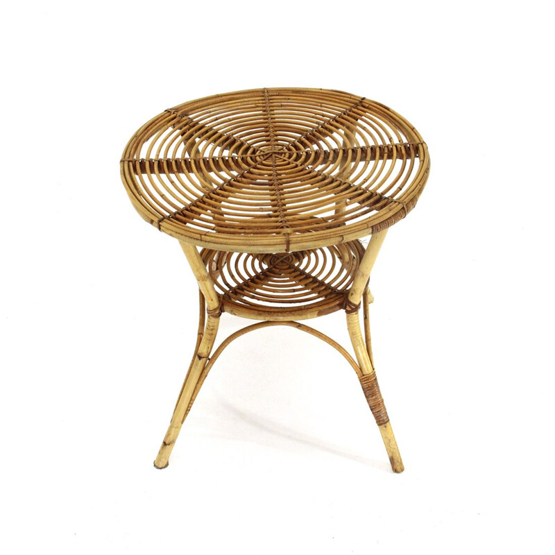 Vintage round rattan coffee table, 1960s