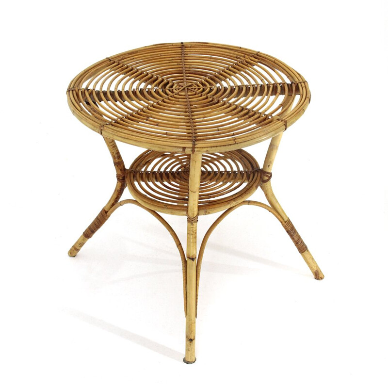 Vintage round rattan coffee table, 1960s