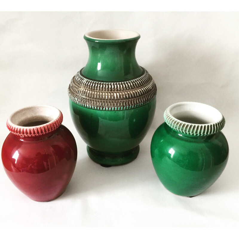 Set van 3 vintage rood en groen geglazuurde keramische vazen van Pol Chambost