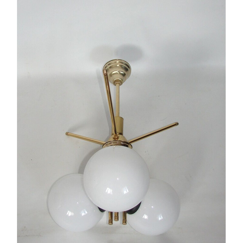 Vintage 3 globe chandelier in brass and metal, 1970