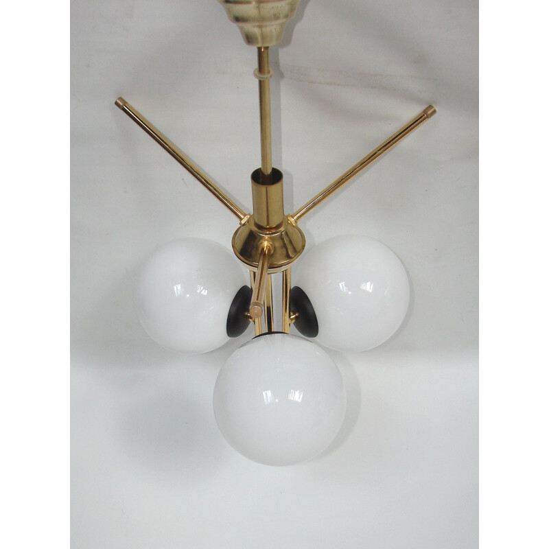 Vintage 3 globe chandelier in brass and metal, 1970