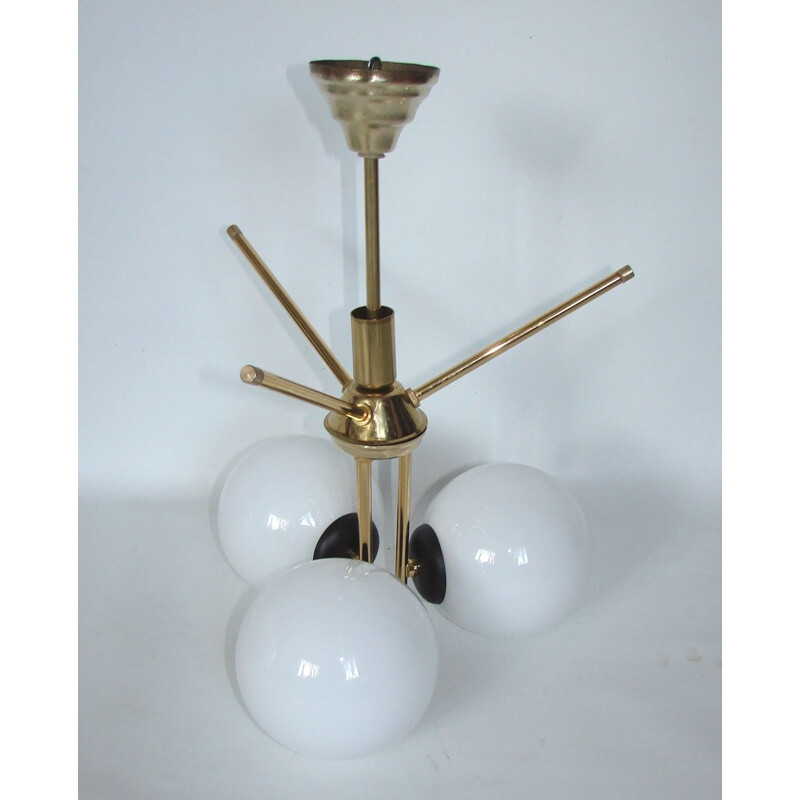 Vintage 3 globe chandelier in brass and metal, 1970