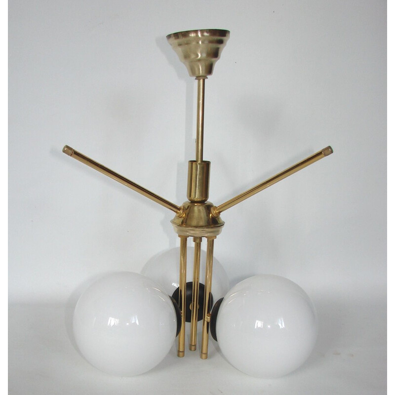 Vintage 3 globe chandelier in brass and metal, 1970