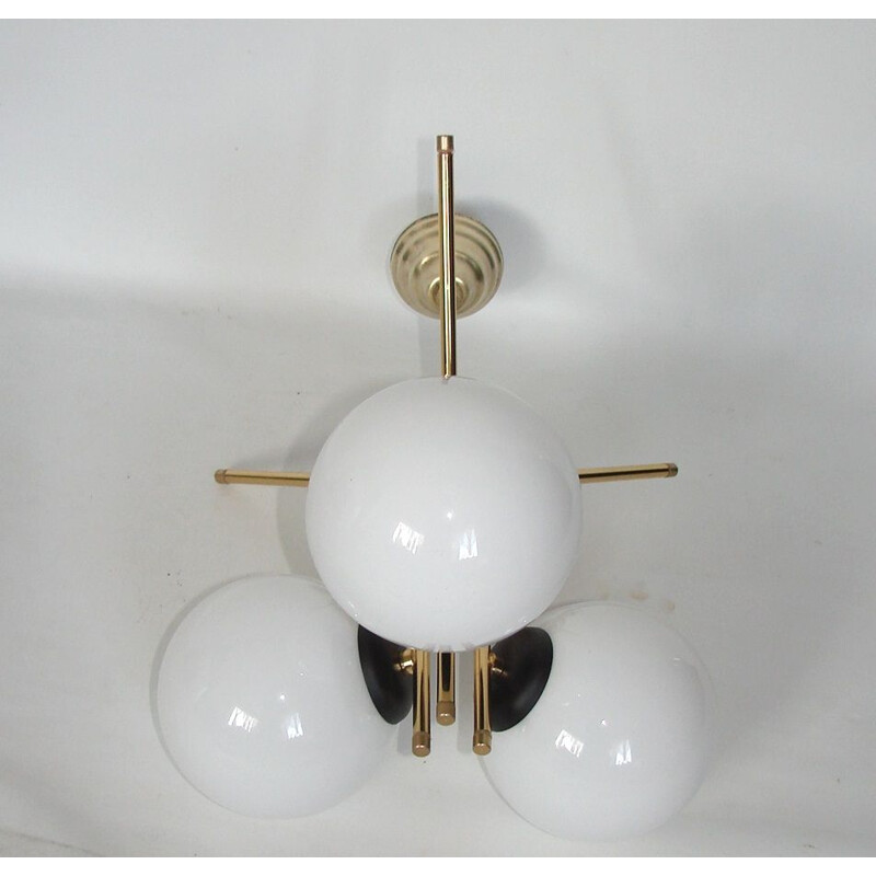 Vintage 3 globe chandelier in brass and metal, 1970