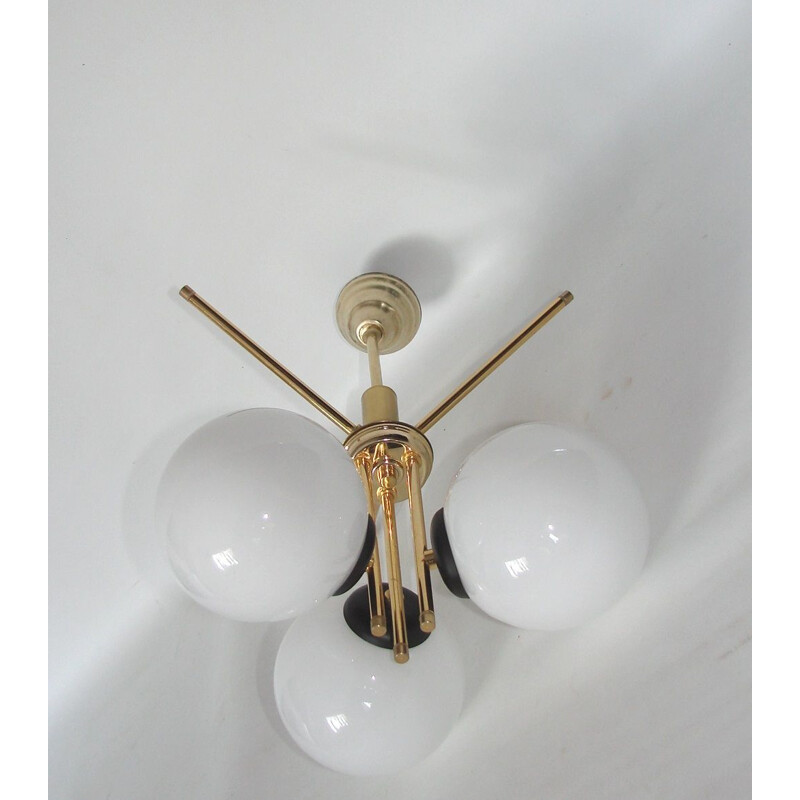 Vintage 3 globe chandelier in brass and metal, 1970