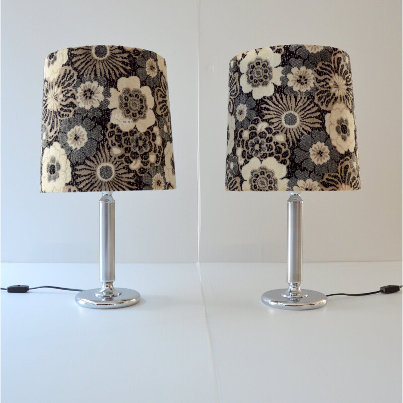 Pair of large vintage table lamps in flowered velvet 1970 