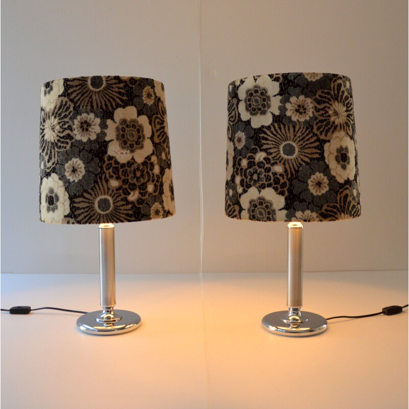 Pair of large vintage table lamps in flowered velvet 1970 