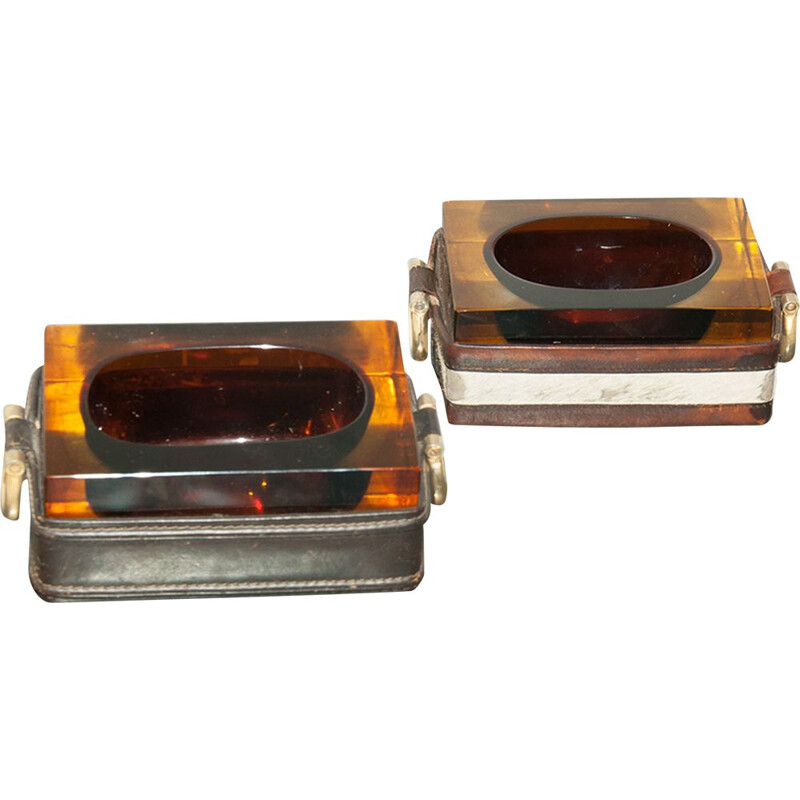Pair of vintage thick glass and leather ashtrays, 1970