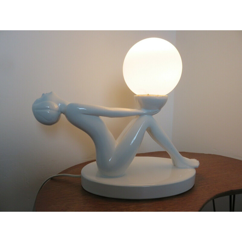 Lampe vintage en céramique et opaline, 1970-80