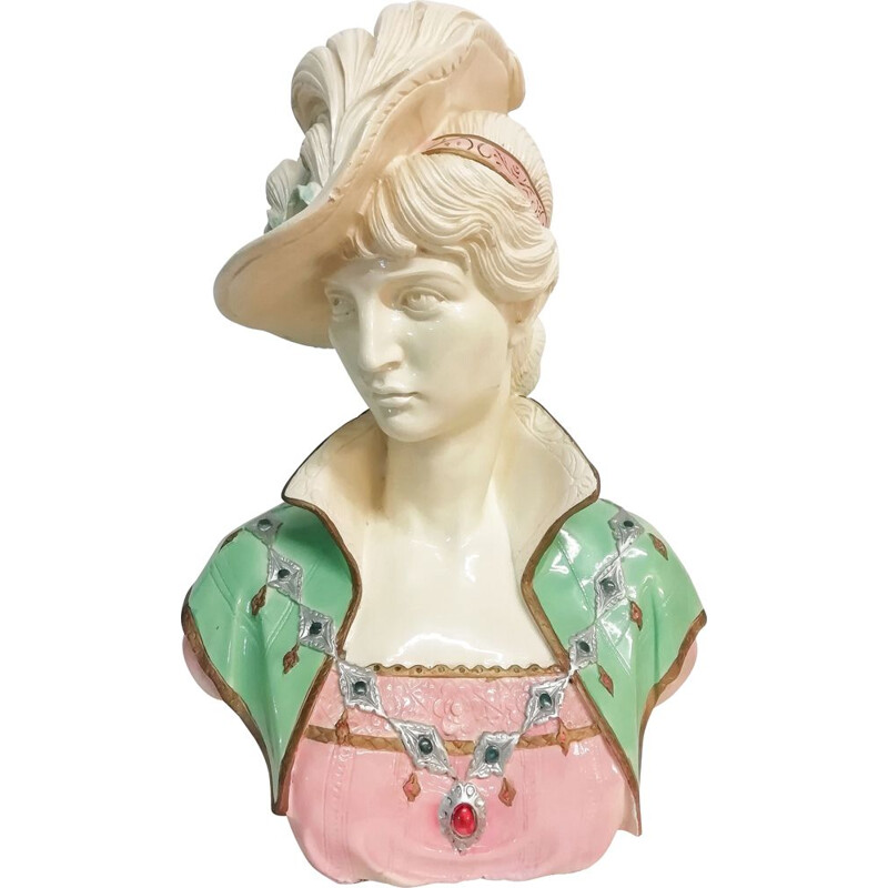 Vintage Victorian bust in polychrome plaster, 1950