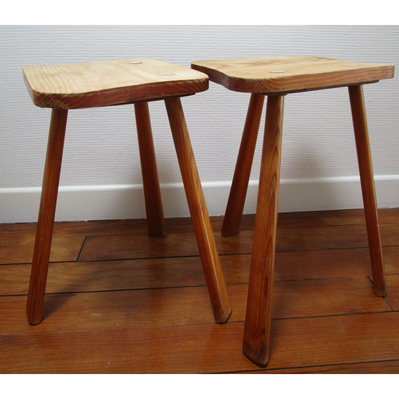 Ensemble de 2 tabourets vintage tripodes en bois, 1970