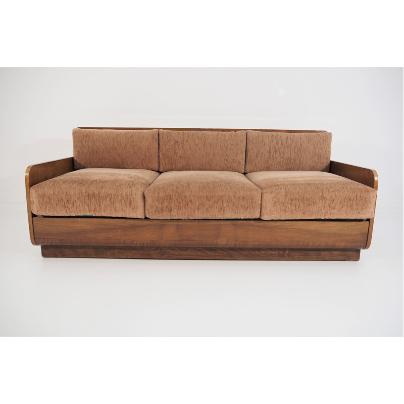 Vintage Art Deco walnut and fabric sofa, 1940s