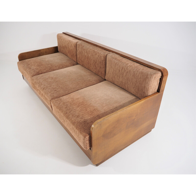 Vintage Art Deco walnut and fabric sofa, 1940s