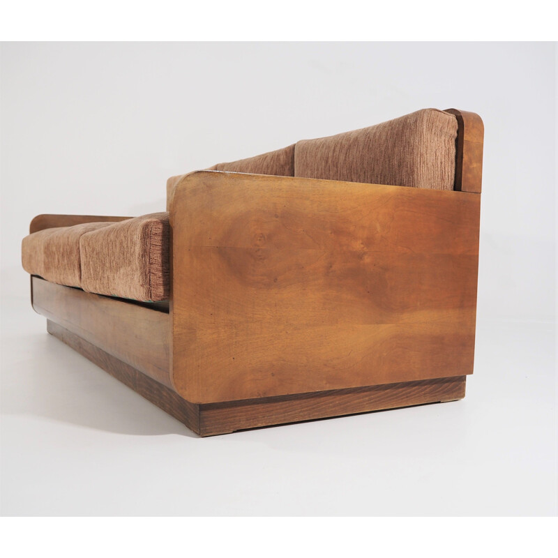 Vintage Art Deco walnut and fabric sofa, 1940s