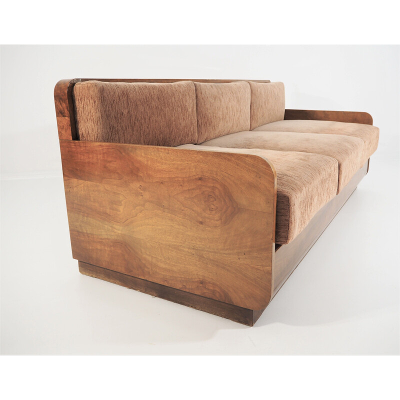 Vintage Art Deco walnut and fabric sofa, 1940s