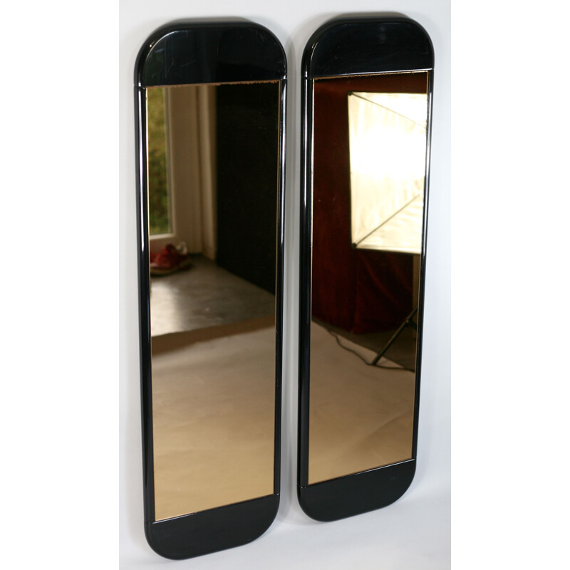 Set of 2 vintage smoked mirrors in black lacquered wood, France, 1970s
