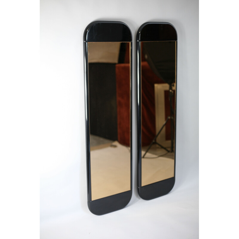 Set of 2 vintage smoked mirrors in black lacquered wood, France, 1970s